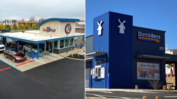 7 Brew (left) outbid Dutch Bros for 73 former Salad and Go locations, including 41 in Arizona, in a bankruptcy auction Monday. (Photos via City of Hilliard, Ohio and Gallatin, TN)
