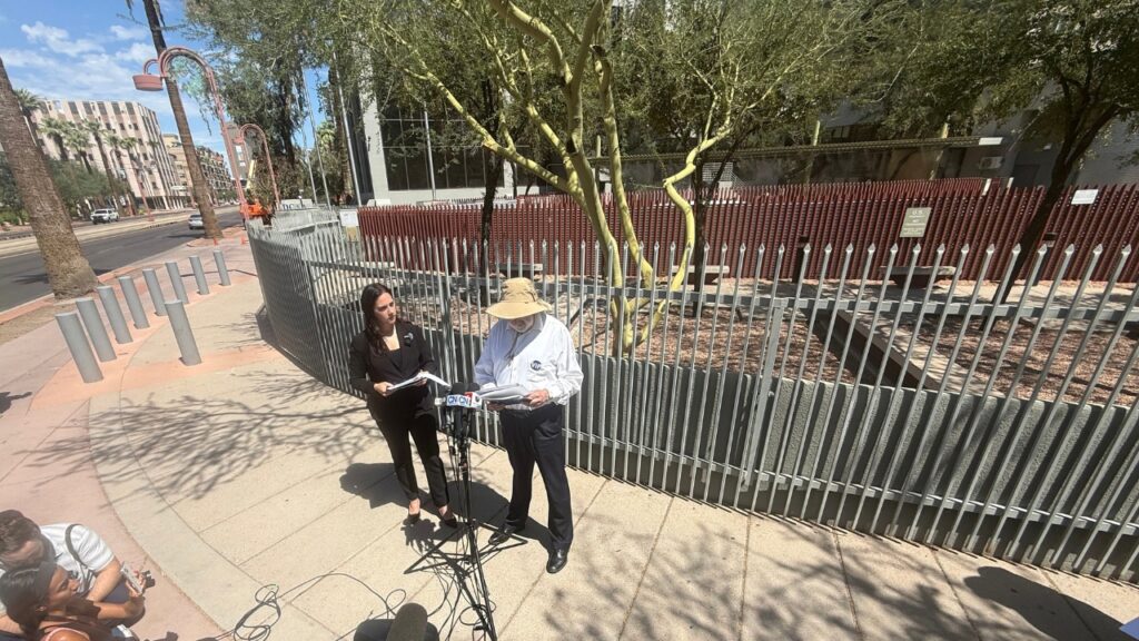 Rep. Yassamin Ansari speaks to reporters outside the ICE Phoenix Field Office on Wednesday after conducting an unannounced oversight visit. (David Iversen/KTAR News)