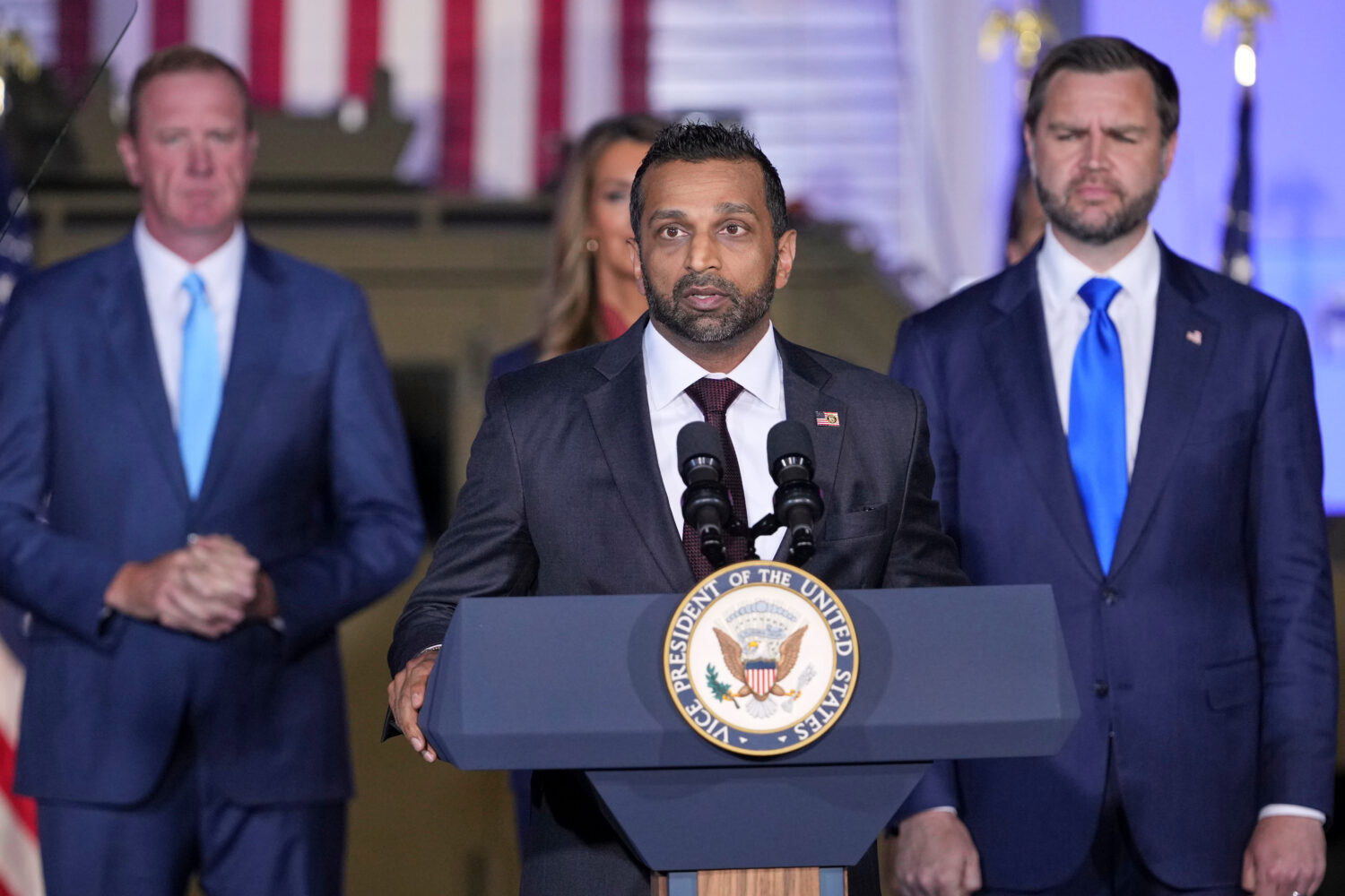 FBI Director Kash Patel speaks as Sen. Eric Schmitt, R-Mo., left and Vice President JD Vance listen...