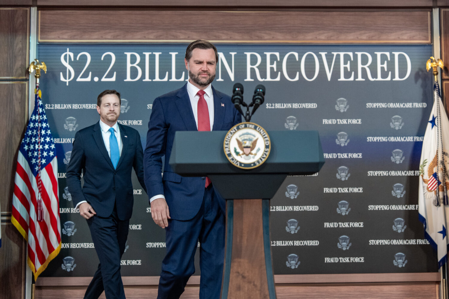 Vice President JD Vance arrives for a news conference, followed by Federal Trade Commission (FTC) C...