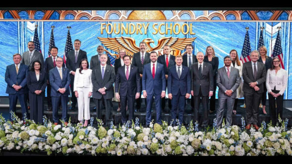 Officials pose at the launch of the Foundry School, a State Department initiative with ASU and seven other colleges. (State Department photo by Freddie Everett)