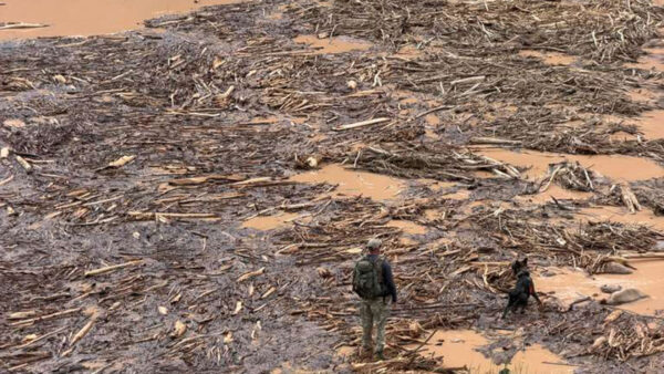 A search crew member with K-9 wade through the aftermath of flooding at the Grand Canyon. (Arizona DPS photo)