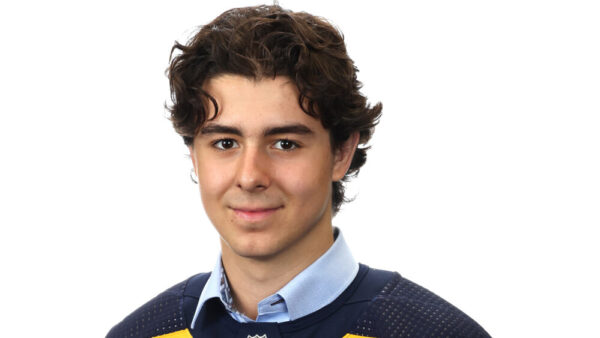 Matthew Mayich, 170th overall pick by the St. Louis Blues, poses for a portrait after being drafted in the 2023 Upper Deck NHL Draft at Bridgestone Arena on June 29, 2023 in Nashville, Tennessee. (Photo by Terry Wyatt/Getty Images)