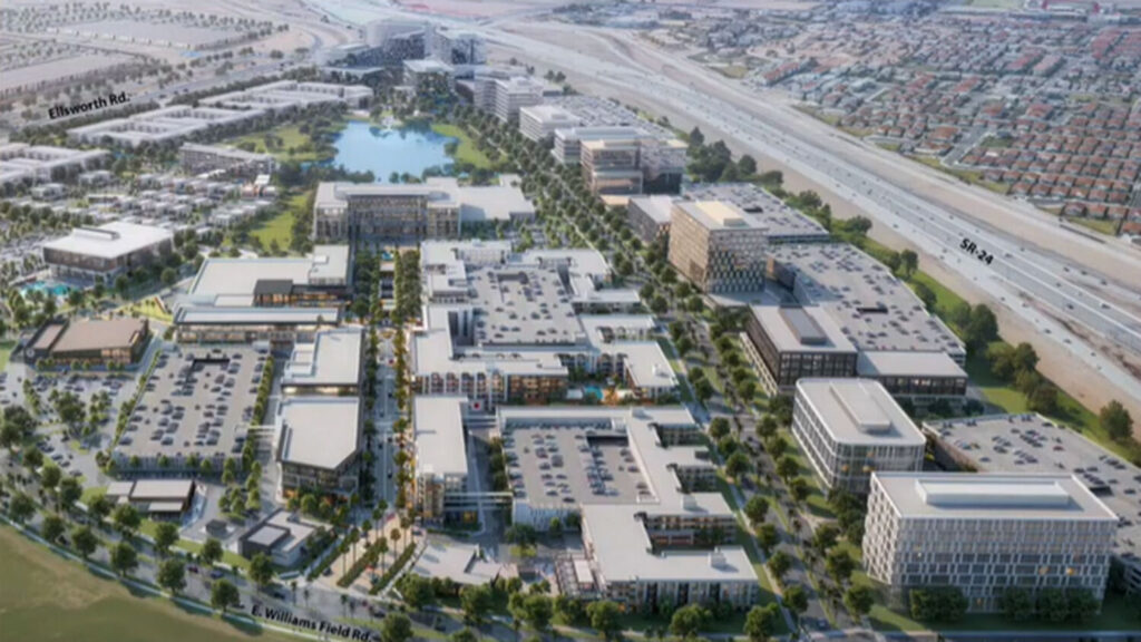 Legacy Park and Gateway Crossing will be built in Mesa on about 200 acres east of Ellsworth Road between State Route 24 and Williams Field Road. (City of Mesa screenshot)