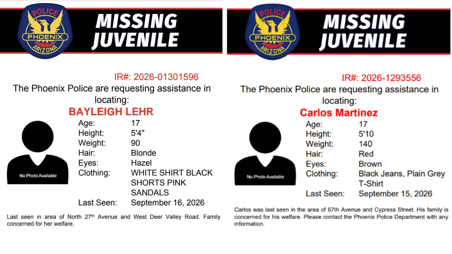 Examples of recent social media posts about missing children from the Phoenix Police Department....