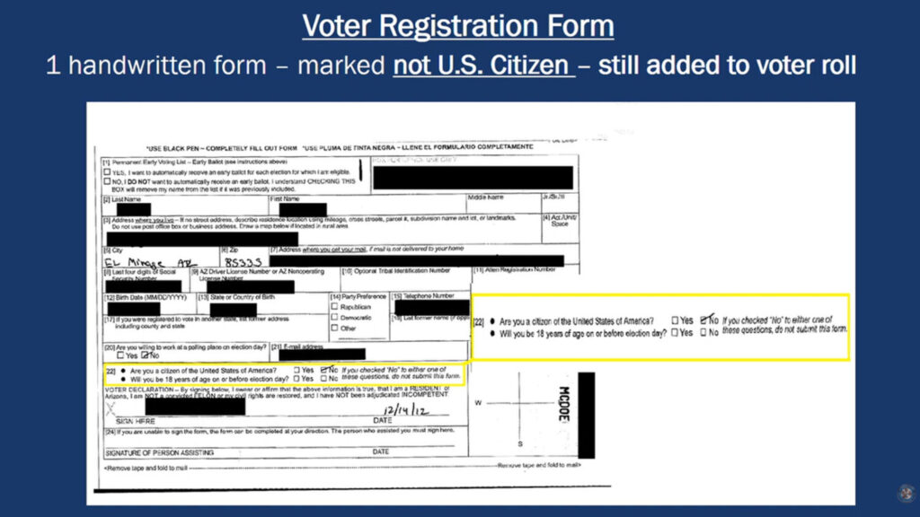 One voter was allowed to register in 2012 even though the registration form indicated the person was a noncitizen. (MCAO screenshot)