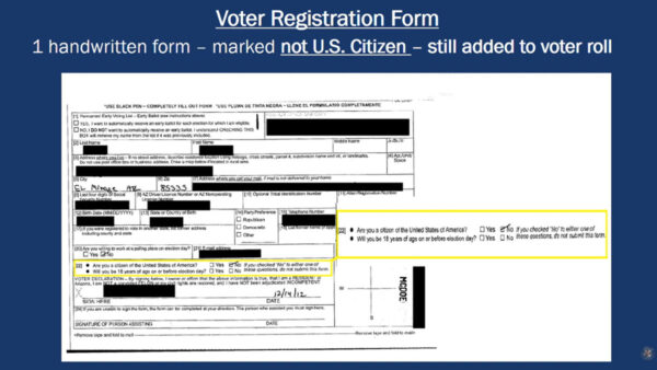 One voter was allowed to register in 2012 even though the registration form indicated the person was a noncitizen. (MCAO screenshot)