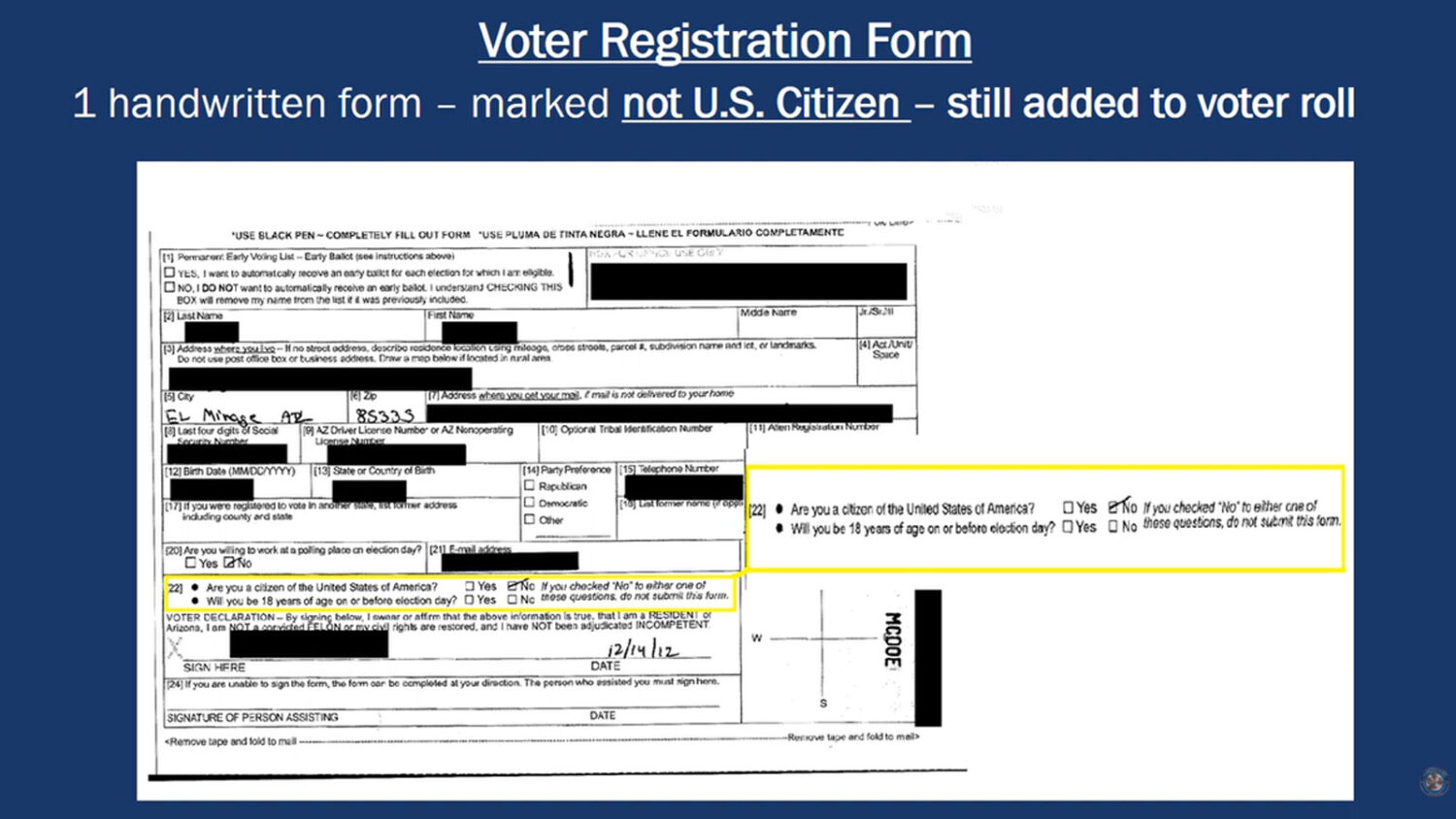 One voter was allowed to register in 2012 even though the registration form indicated the person wa...