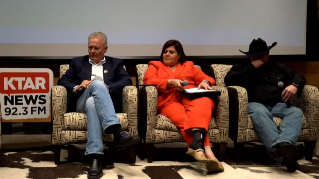 From left, Paul Johnson, Raquel Terán and Justin Harris discuss Prop 144 during a town hall event. (Screenshot)
