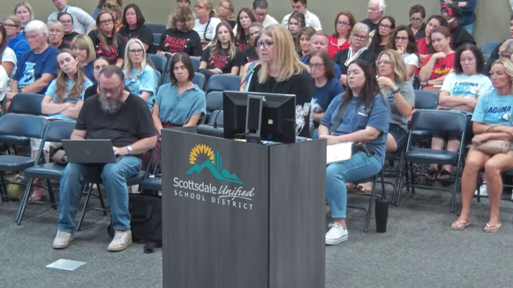 A community member speaks during Tuesday's Scottsdale Unified School District board meeting. (Screenshot)