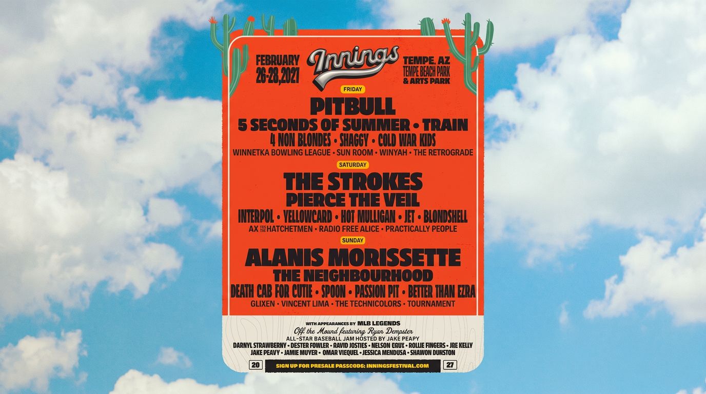 2027 Innings Festival lineup poster featuring The Strokes, Pitbull, Alanis Morissette and more, Feb...