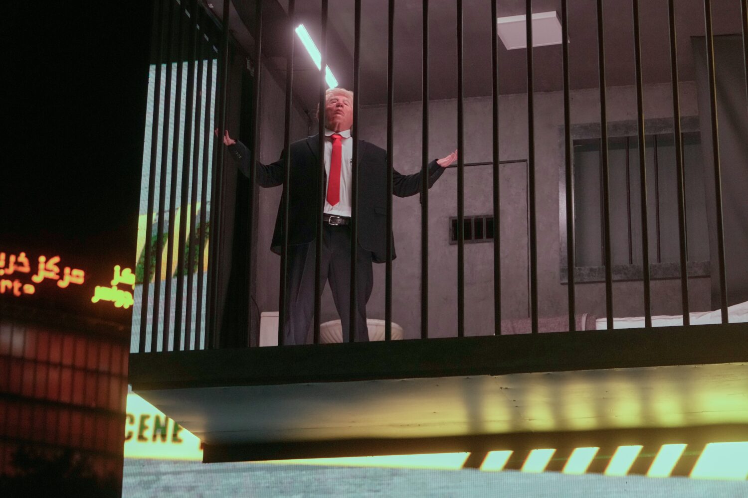 An actor portraying U.S. President Donald Trump sits behind bars in a billboard installation resemb...