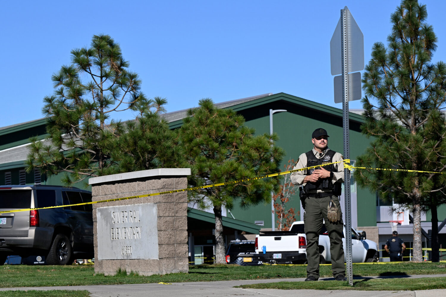 Police tape is placed outside Silver Rail Elementary school, where a shooting took place, on Thursd...