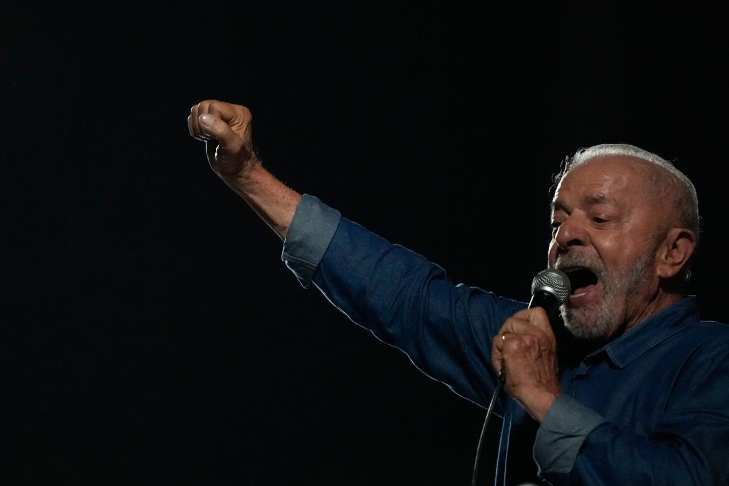 President Luiz Inacio Lula da Silva addresses supporters during a victory rally after winning a fou...