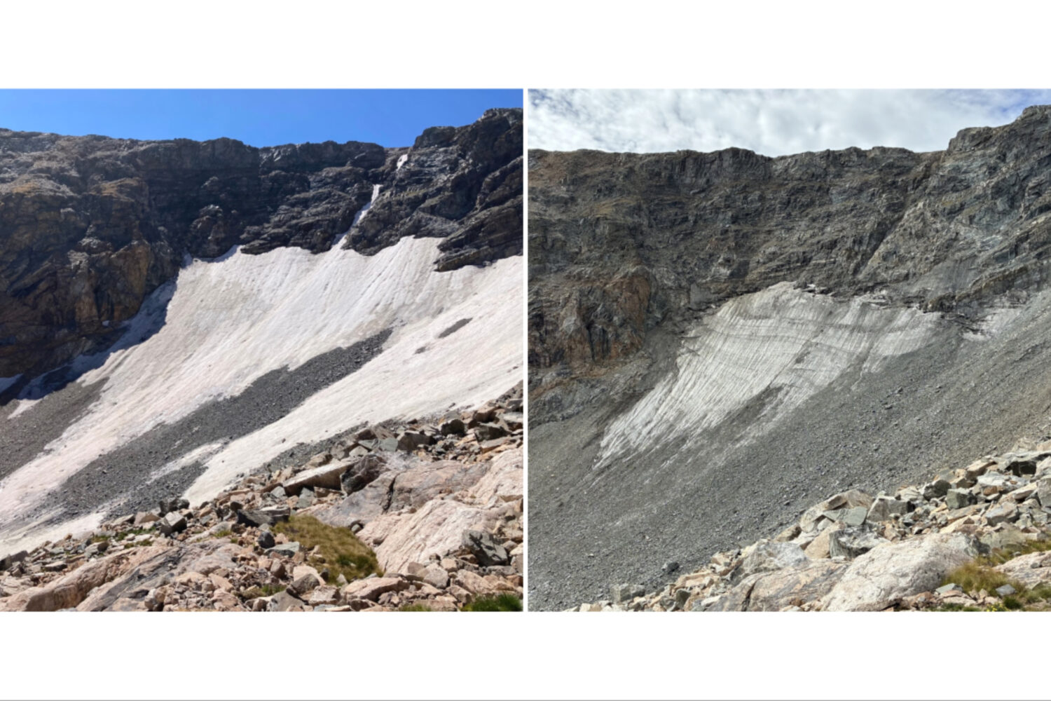 This combination of photos provided by Harlan Ulmer shows the St. Vrain Glacier in the Rocky Mounta...