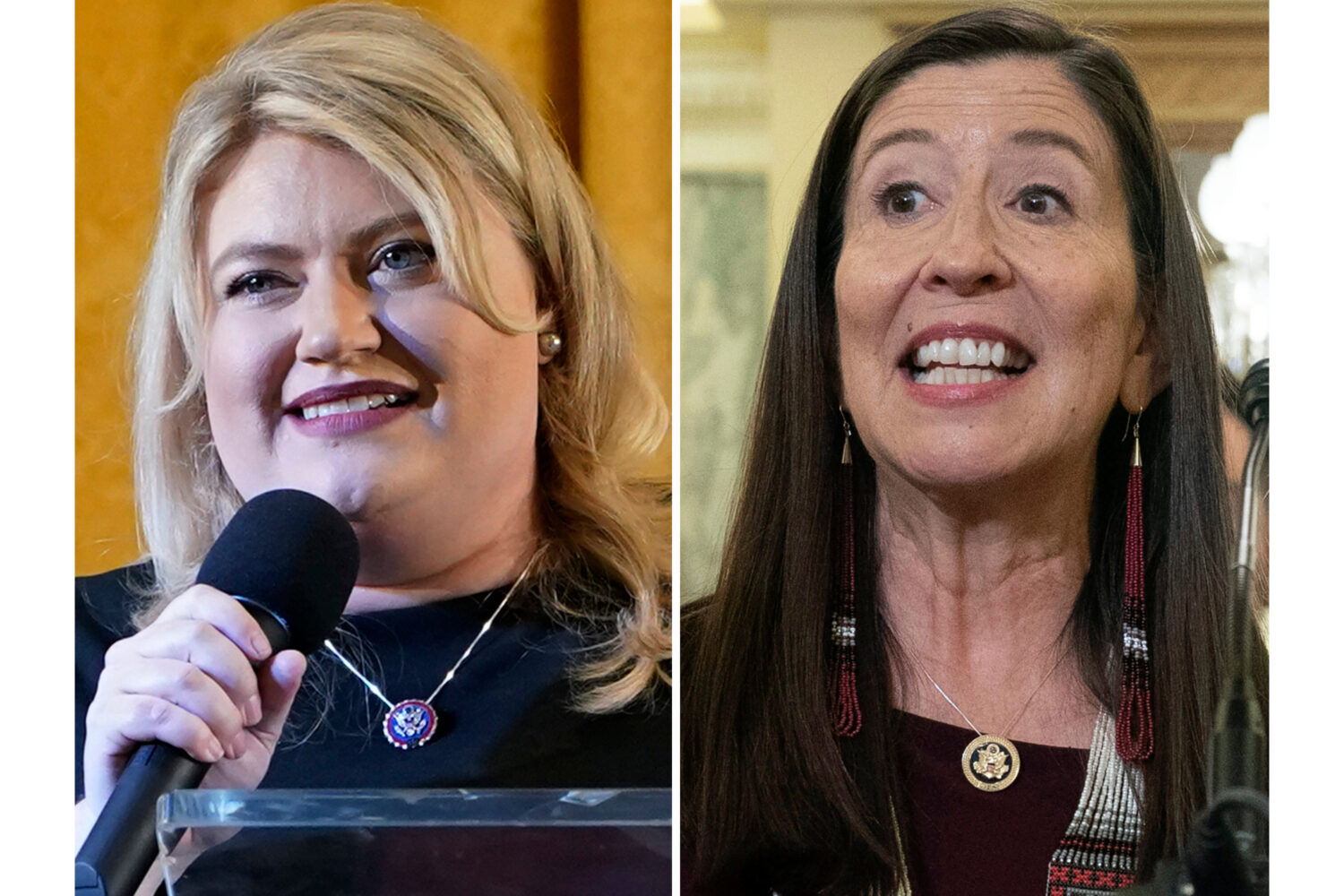 FILE - This photo combination shows Rep. Kat Cammack, R.-Fla., left, April 9, 2021, in Doral, Fla. ...