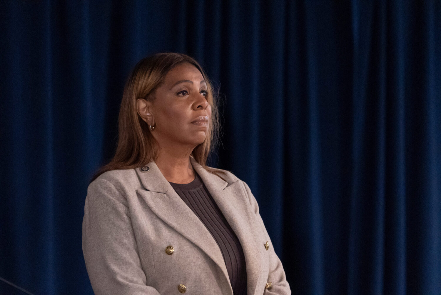 New York Attorney General Letitia James attends a news conference with New York Governor Kathy Hoch...