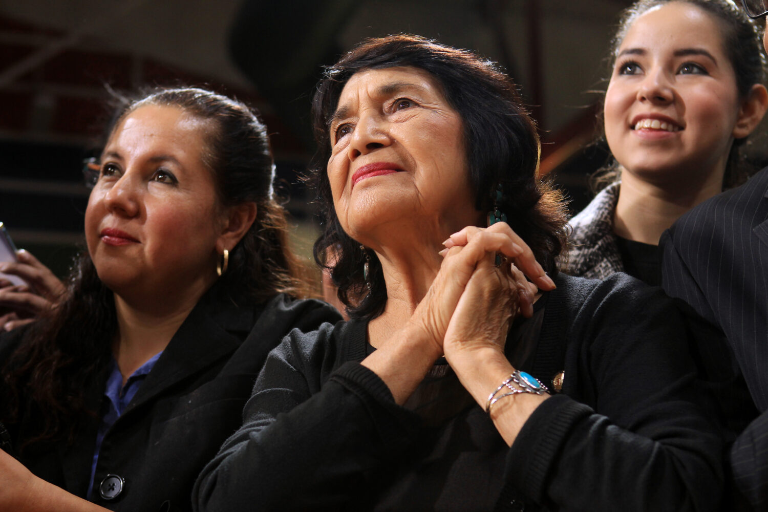 FILE - Labor leader and co-founder of United Farm Workers Dolores Huerta listens to President Barac...
