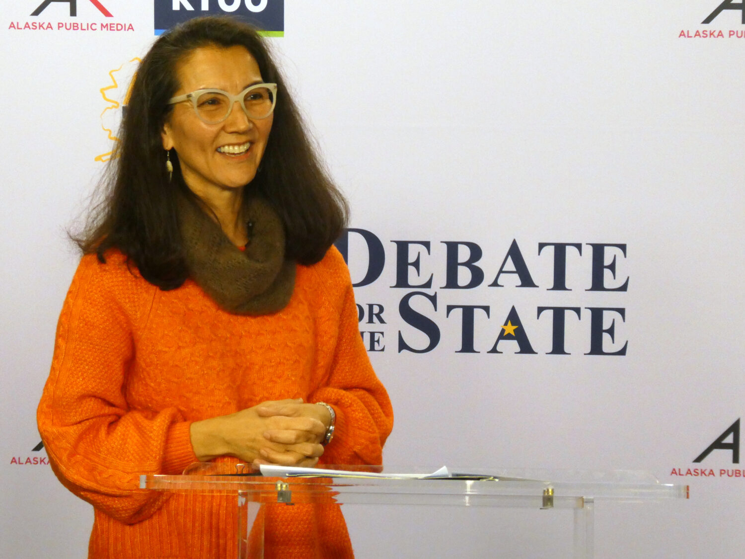 In this photo shot with a smart phone, Democrat Mary Peltola smiles ahead of a debate with Republic...