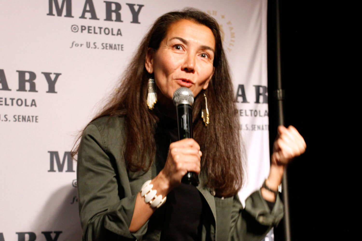 FILE - Mary Peltola, a Democrat running for the U.S. Senate seat in Alaska, addresses supporters at...