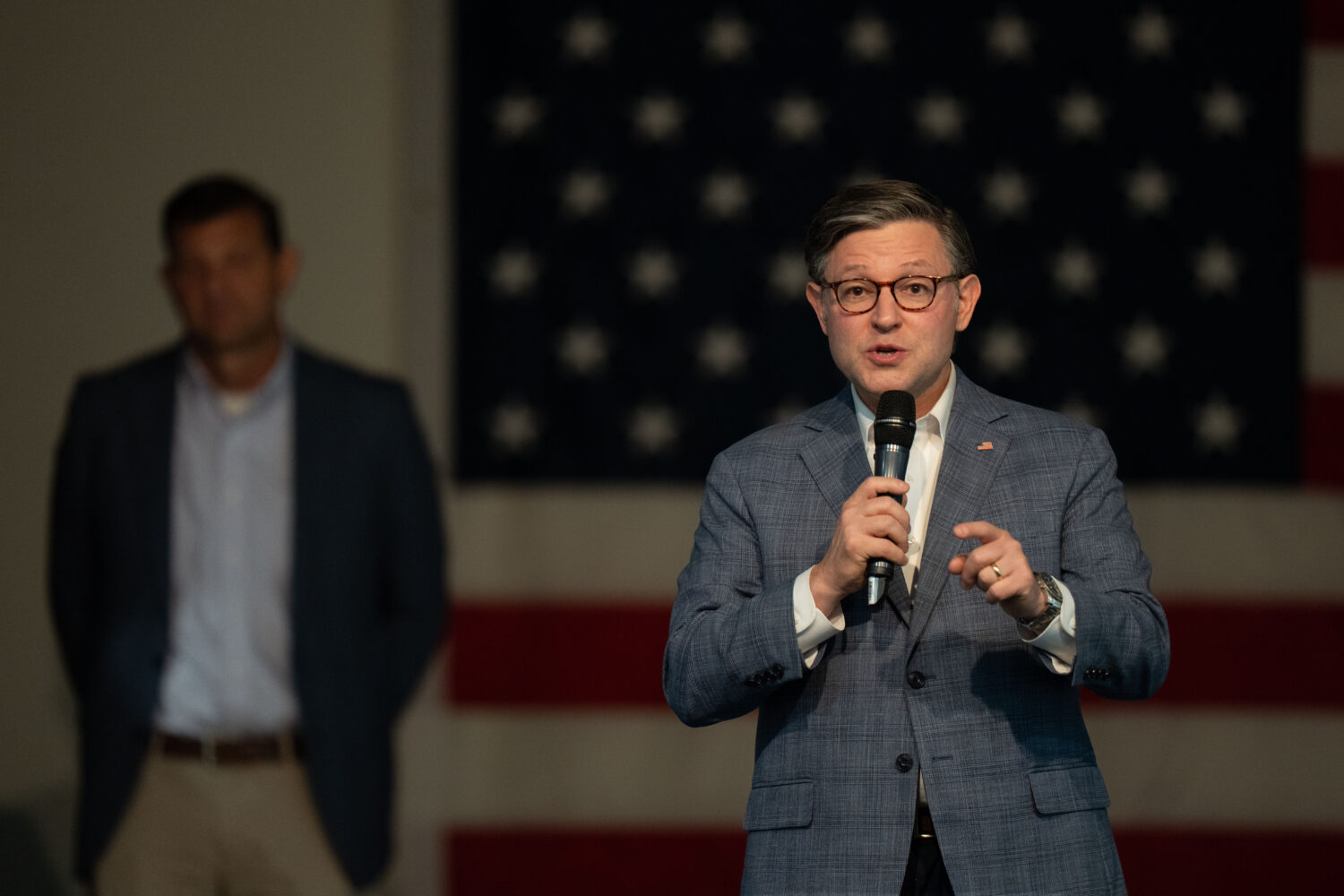 Speaker of the House Mike Johnson, R-La., speaks during a campaign event for Rep. David Valadao, R-...