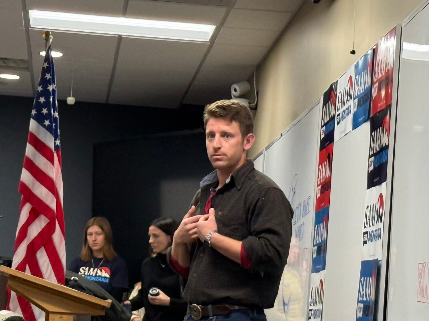 In this image made with a smartphone, Montana Democratic U.S. House candidate Sam Forstag is seen s...