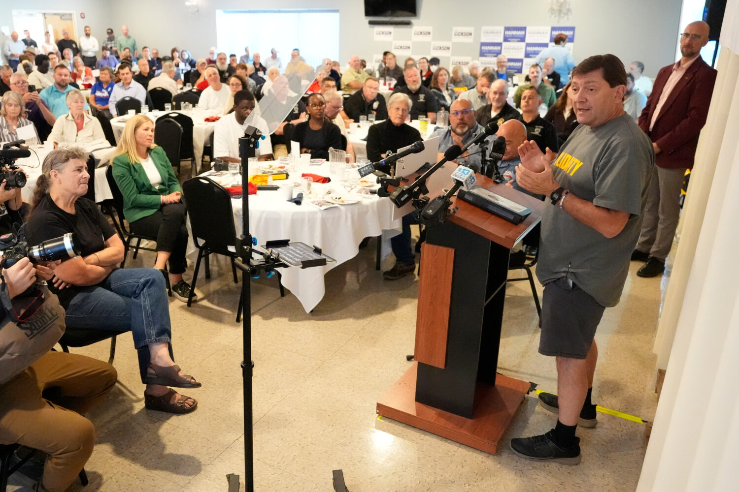 Troy Jackson, Democratic candidate for U.S. Senate, speaks at the Southern Maine Labor Council brea...