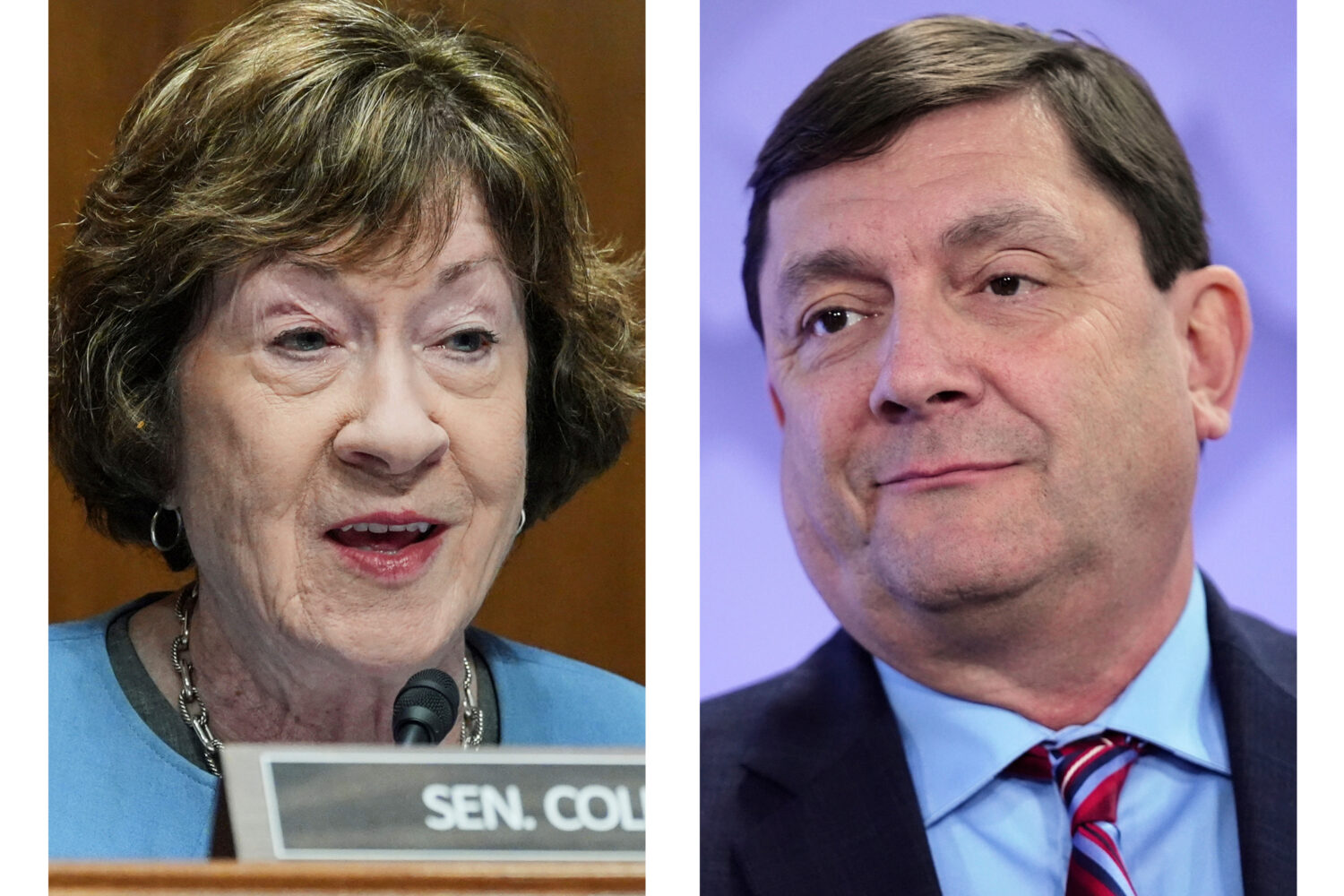 This combination of photos shows Sen. Susan Collins, R-Maine, on Sept. 24, 2026, in Washington, lef...