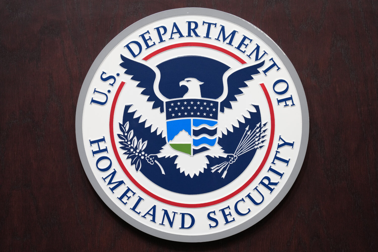 U.S. Department of Homeland Security sign, is seen during a news conference at ICE Headquarters, Fr...