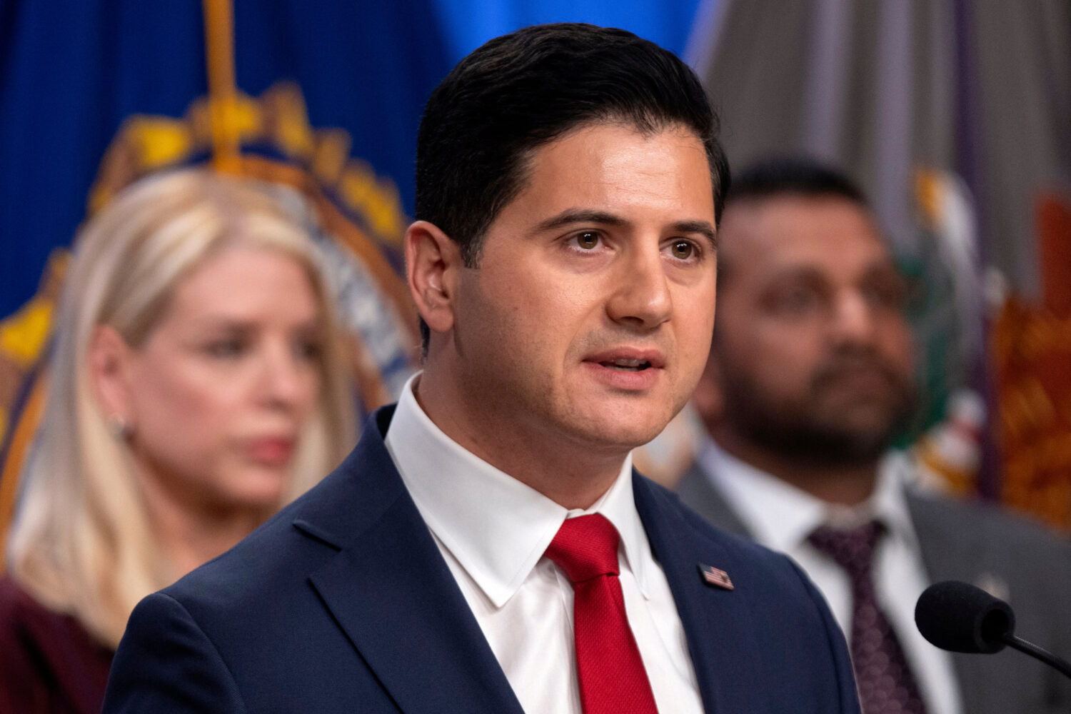 FILE - Bill Essayli, acting U.S. Attorney for the Central District of California, speaks with repor...