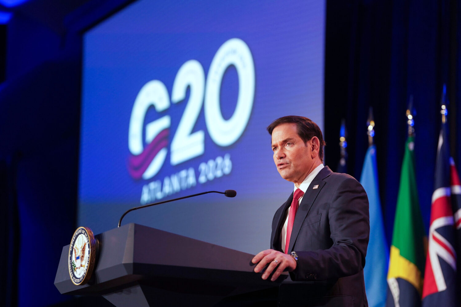 Secretary of State Marco Rubio speaks during the G20 Foreign Ministers Meeting Welcome Reception at...