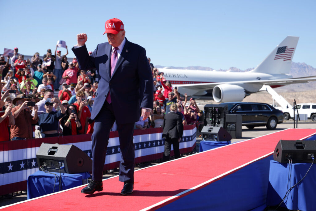 BULLHEAD CITY, ARIZONA - OCTOBER 14: U.S. President Donald Trump arrives for a campaign rally at Laughlin/Bullhead International Airport on October 14, 2026 in Bullhead City, Arizona. President Trump is traveling to Arizona and Montana to campaign for Republican candidates ahead of the midterm elections. (Photo by Alex Wong/Getty Images)