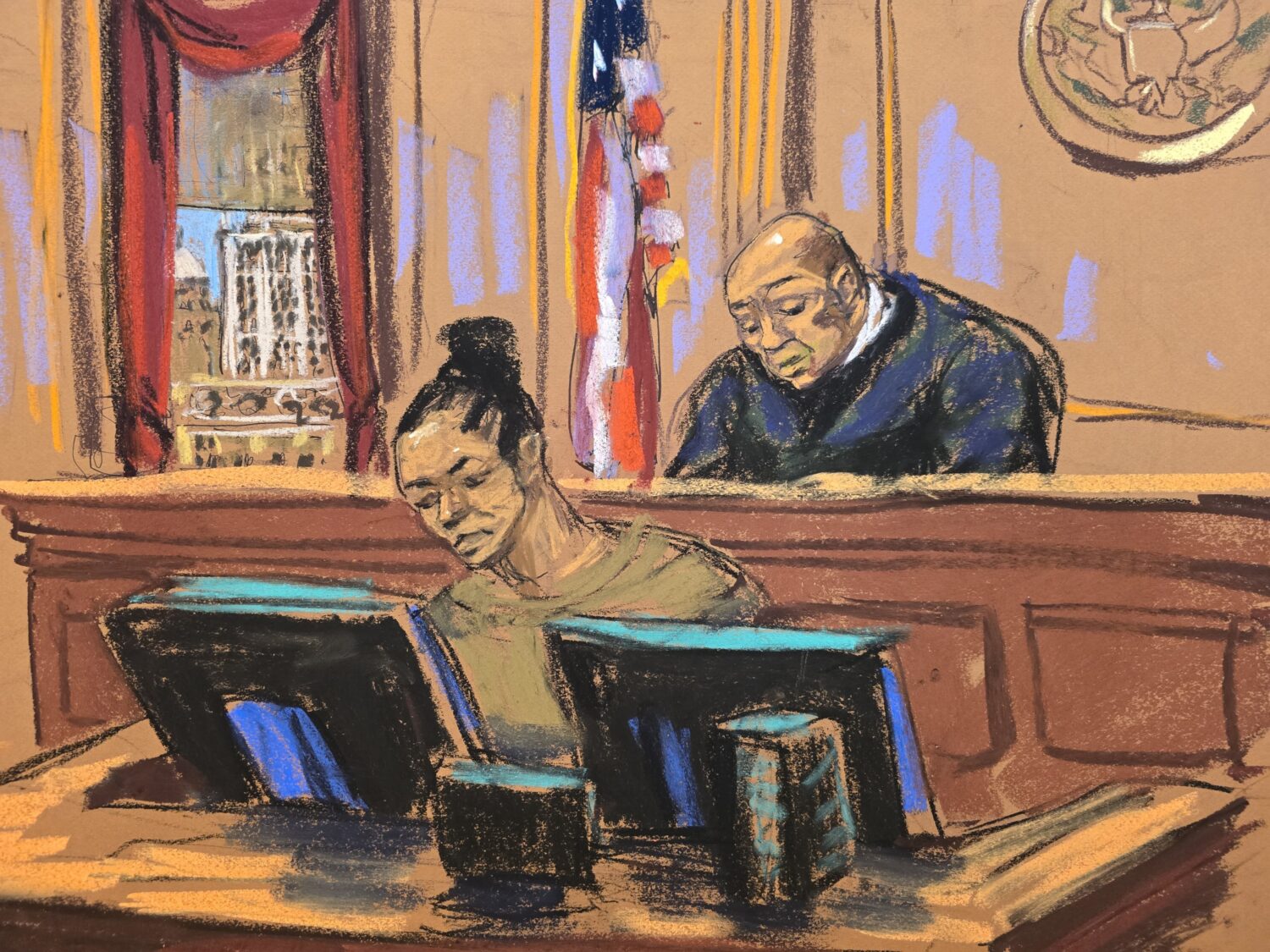FILE - In this courtroom sketch, Judge Alvin K. Hellerstein, right, presides as courtroom deputy Br...