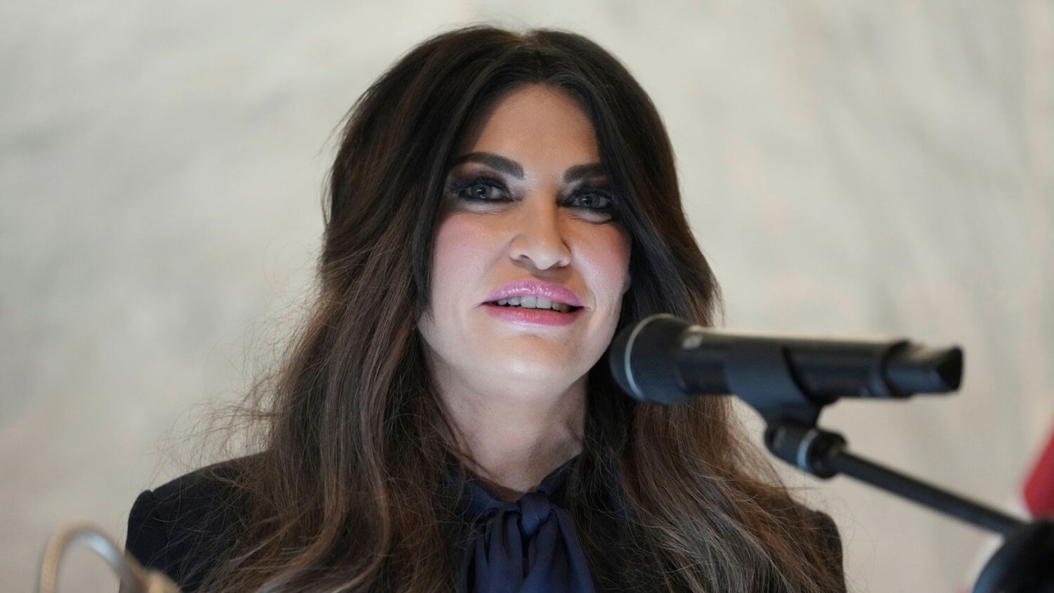 U.S. Ambassador to Greece Kimberly Guilfoyle speak during a dedication ceremony at the chancery of ...