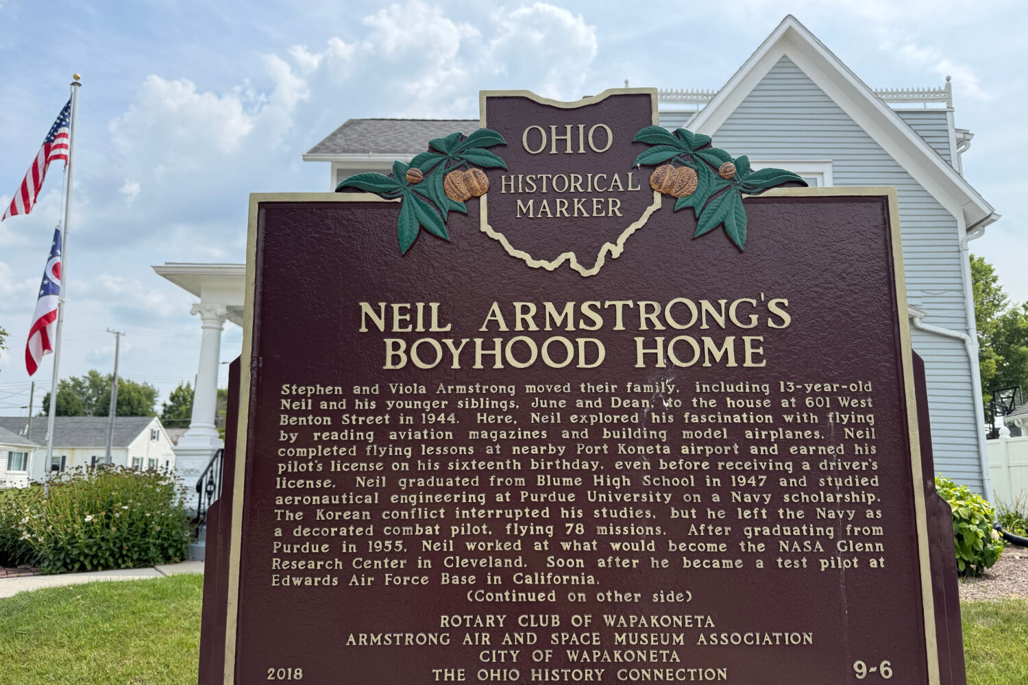FILE - An Ohio historical landmark sign is displayed outside the former home of Neil Armstrong Frid...