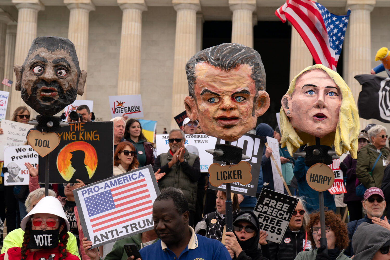 Demonstrators rally at the Lincoln Memorial during a "No Kings" protest in Washington, Saturday Oct...