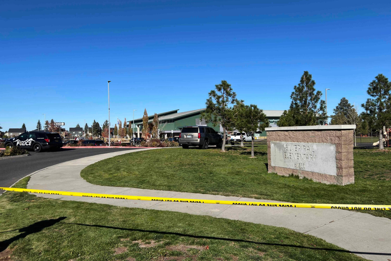 Police tape is placed outside Silver Rail Elementary school, where a shooting took place, on Thursd...