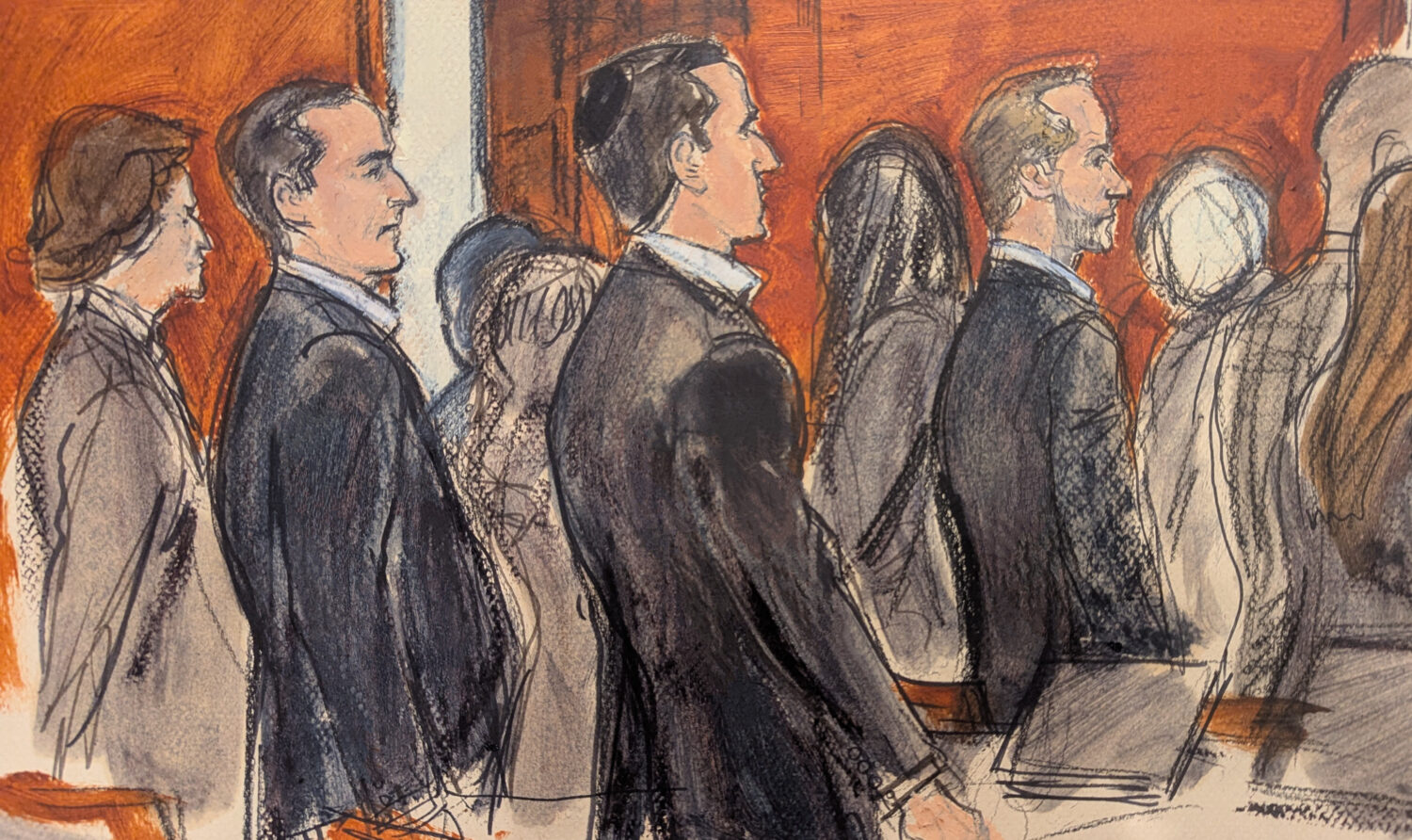 FILE - In this courtroom sketch, Alon Alexander, second from left, Oren Alexander, center, and Tal ...