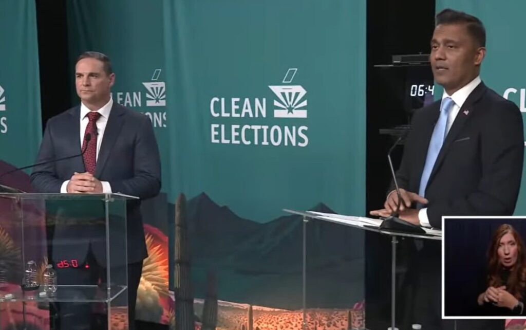 Democrat Amish Shah and Republican Jay Feely discuss water policy and data centers during Arizona’s 1st Congressional District debate Wednesday, Oct. 7, 2026. (Photo via AZ Clean Elections Commission)