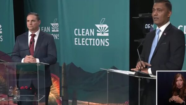 Democrat Amish Shah and Republican Jay Feely discuss water policy and data centers during Arizona’s 1st Congressional District debate Wednesday, Oct. 7, 2026. (Photo via AZ Clean Elections Commission)
