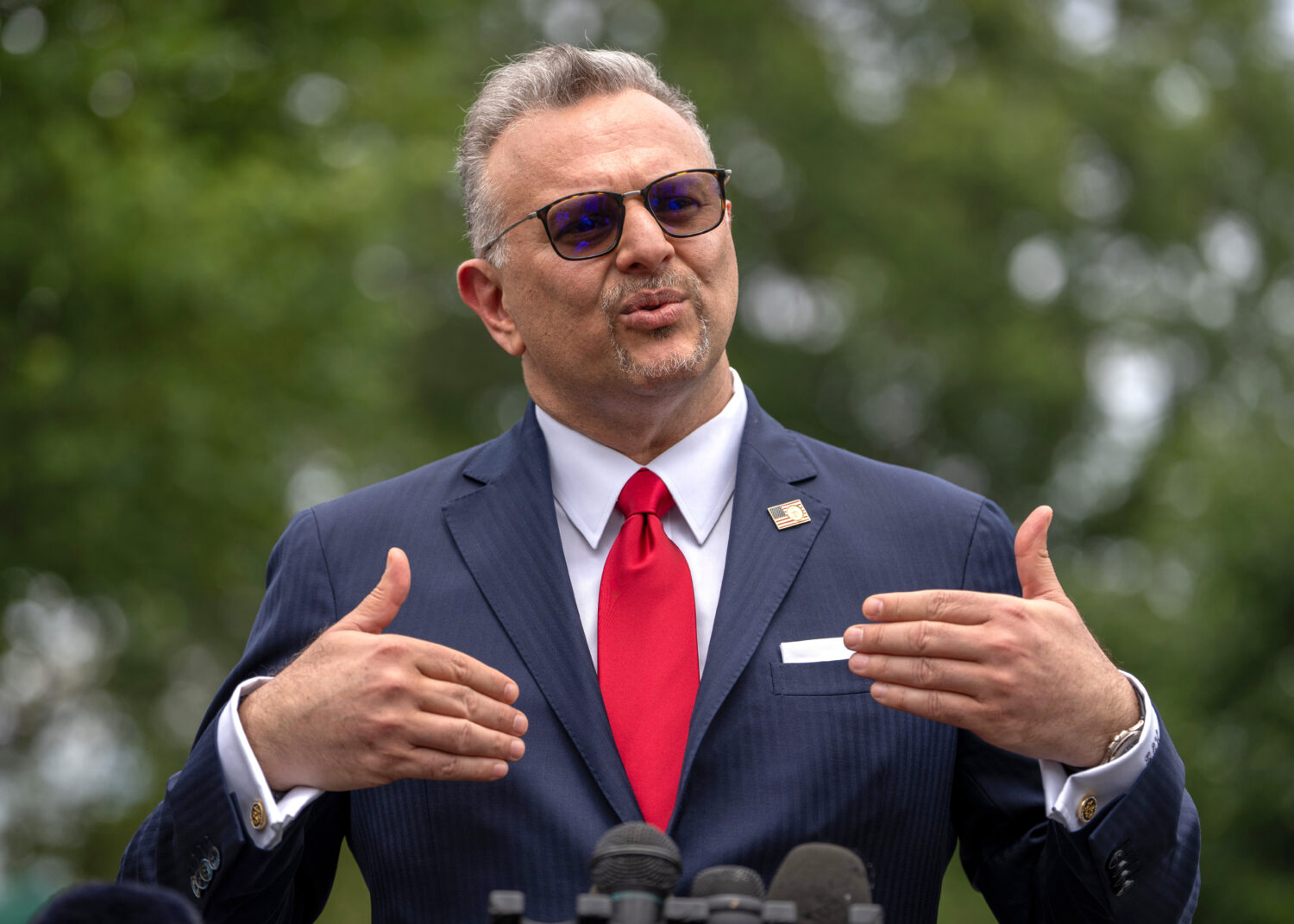 FILE - White House senior adviser Massad Boulos speaks to reporters at the White House, July 21, 20...