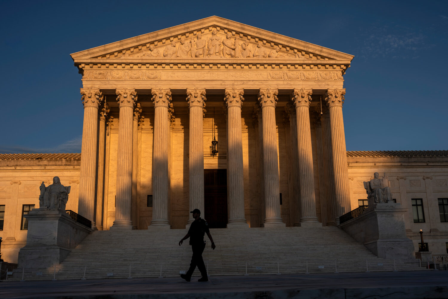 The Supreme Court is seen at day's end in Washington, Thursday, Oct. 1, 2026, as the justices prepa...