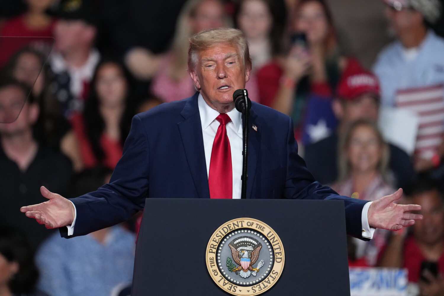 President Donald Trump speaks at a campaign rally at the Freeman Coliseum in San Antonio, Wednesday...