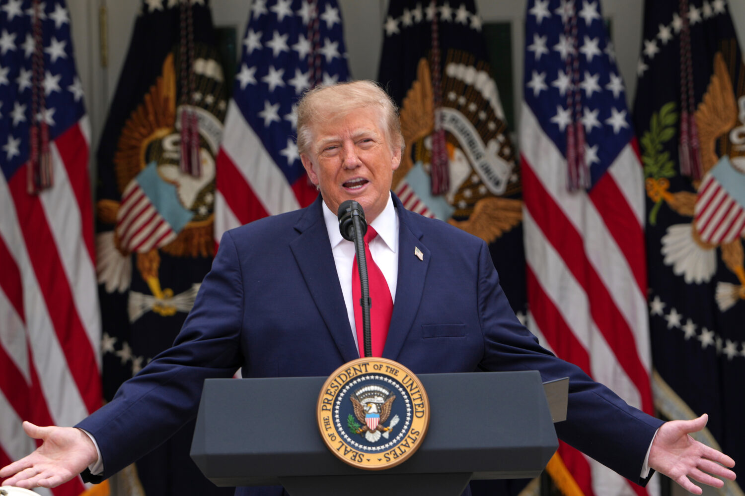 President Donald Trump speaks in the Rose Garden of the White House during an event for first respo...