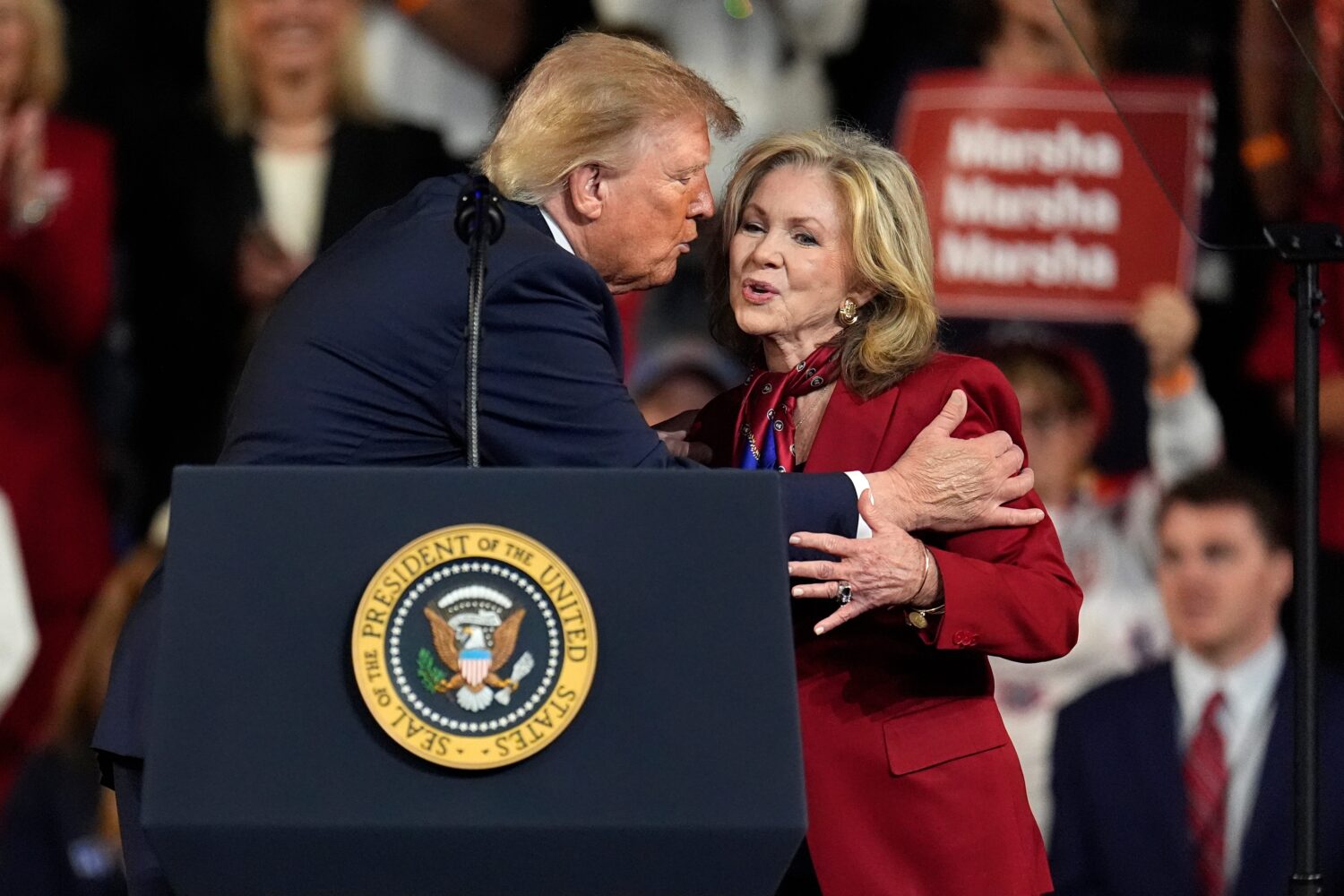 President Donald Trump, left, greets Sen. Marsha Blackburn, R-Tenn., a gubernatorial candidate for ...