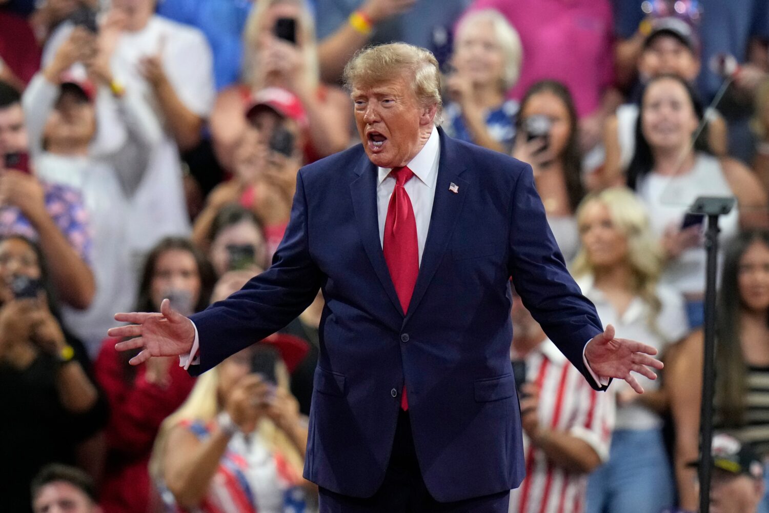 President Donald Trump speaks during a campaign rally, Friday, Oct. 23, 2026, at Alico Arena on the...