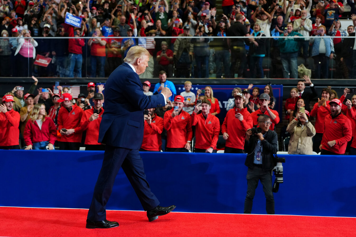President Donald Trump arrives to speak during a campaign rally at McMorran Place Sports and Entert...