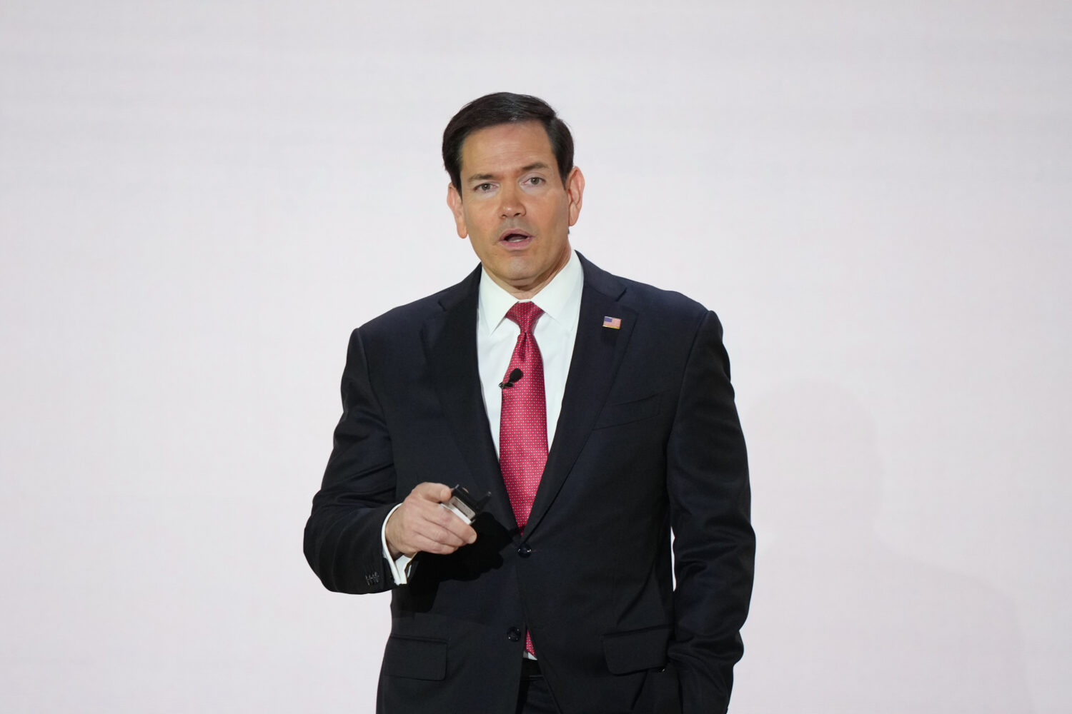 Secretary of State Marco Rubio, addresses members of the audience ahead of President Donald Trump's...
