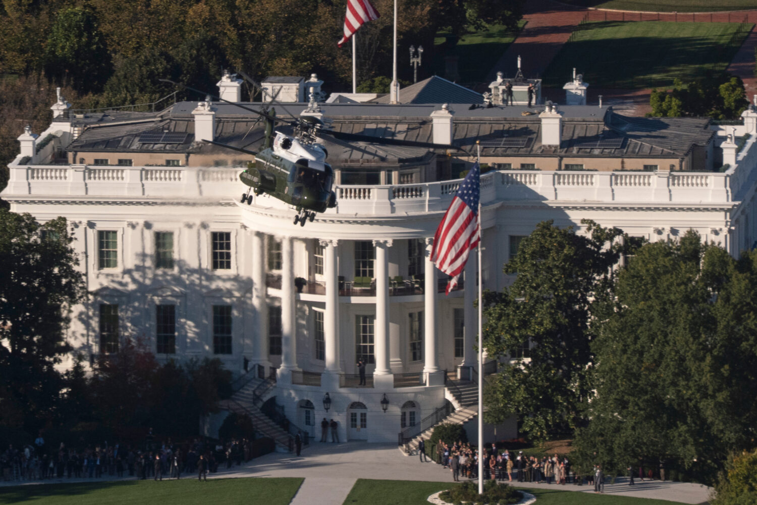 Marine One, carrying President Donald Trump, lifts off from the South Lawn at the White House, Thur...