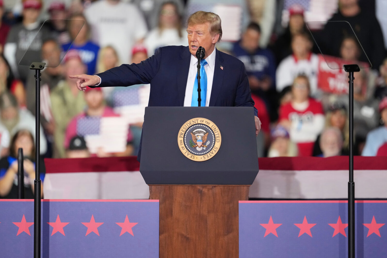President Donald Trump speaks during a campaign rally at Truist Arena, Saturday, Oct. 17, 2026, in ...
